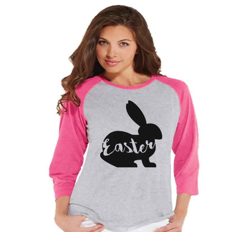 Womens Easter Shirt – Ladies Easter Bunny Happy Easter Shirt – Easter T-shirt – Gift for Her – Matching Family Bunny Shirts – Pink Raglan