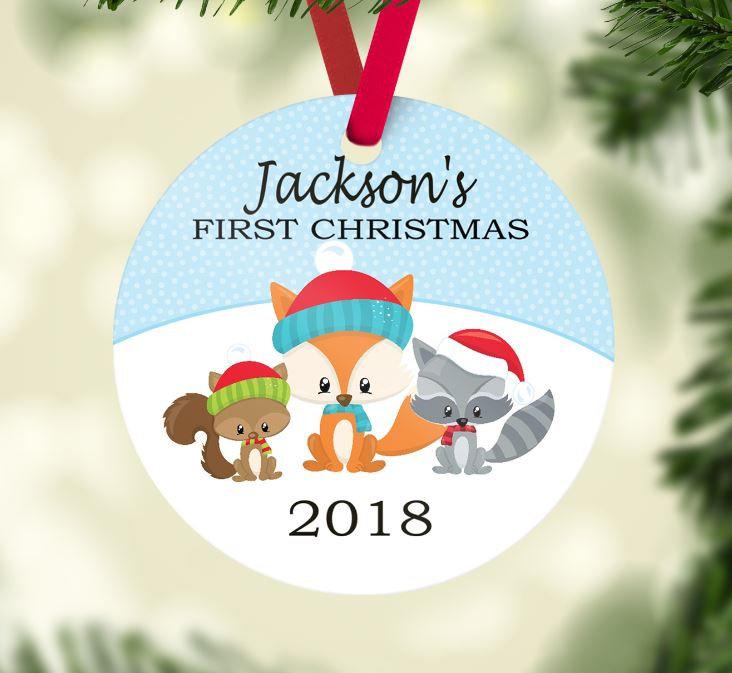 Woodland Christmas Ornament Animals Personalized Baby Boy 1St First Christmas Mountain Forest Shower Gift New Baby Holiday Ornament 125