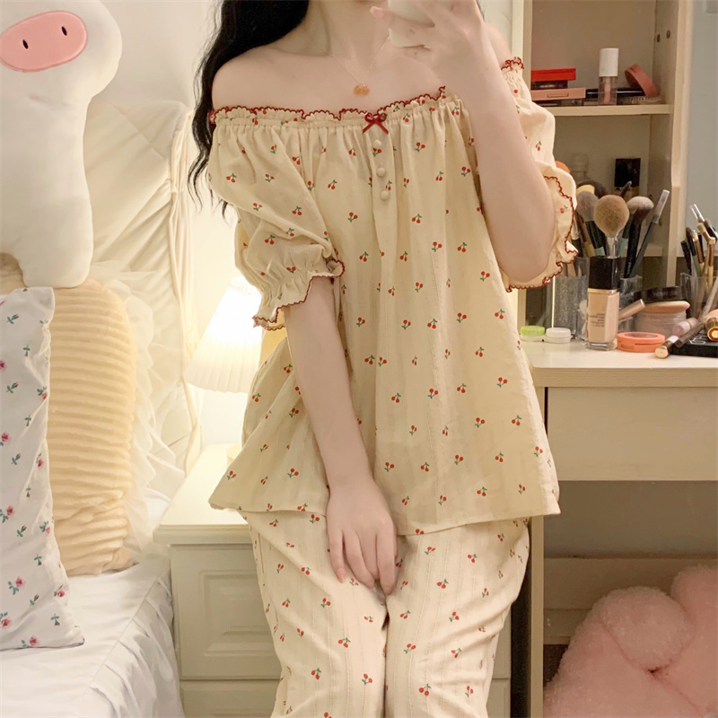 Three Button Cherry Pajama Set Women Pants Suit Sleepwear Short Sleeve Tops Embroidery Cotton Home Clothes Ladies Lounge S014 alx