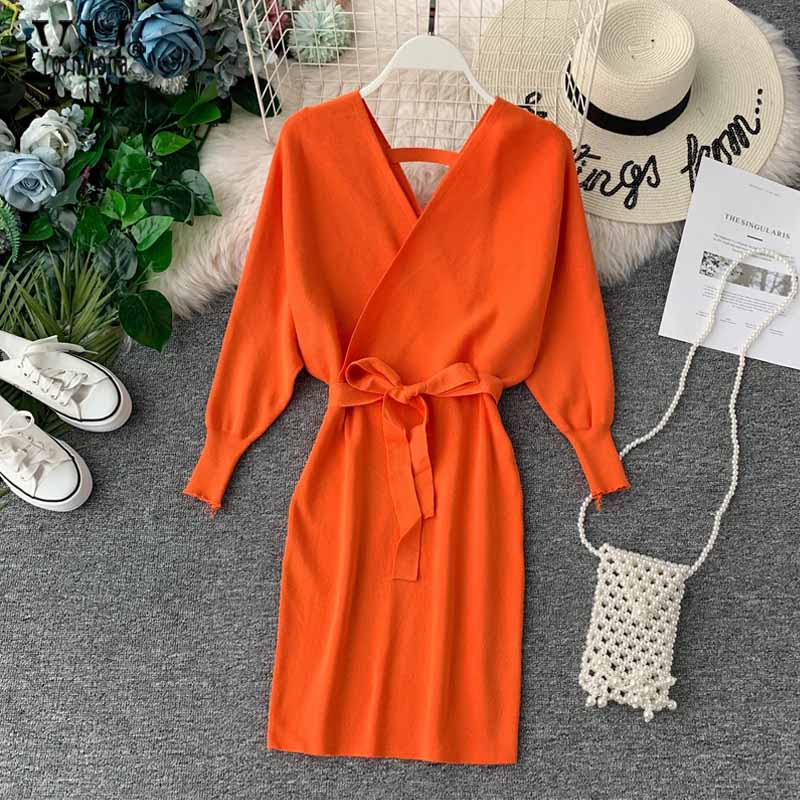 YornMona Elegant Batwing Sleeve V Neck Knitted White Dress 2021 Autumn Winter Vintage Women Dress Sash Ladies Office Dress alx