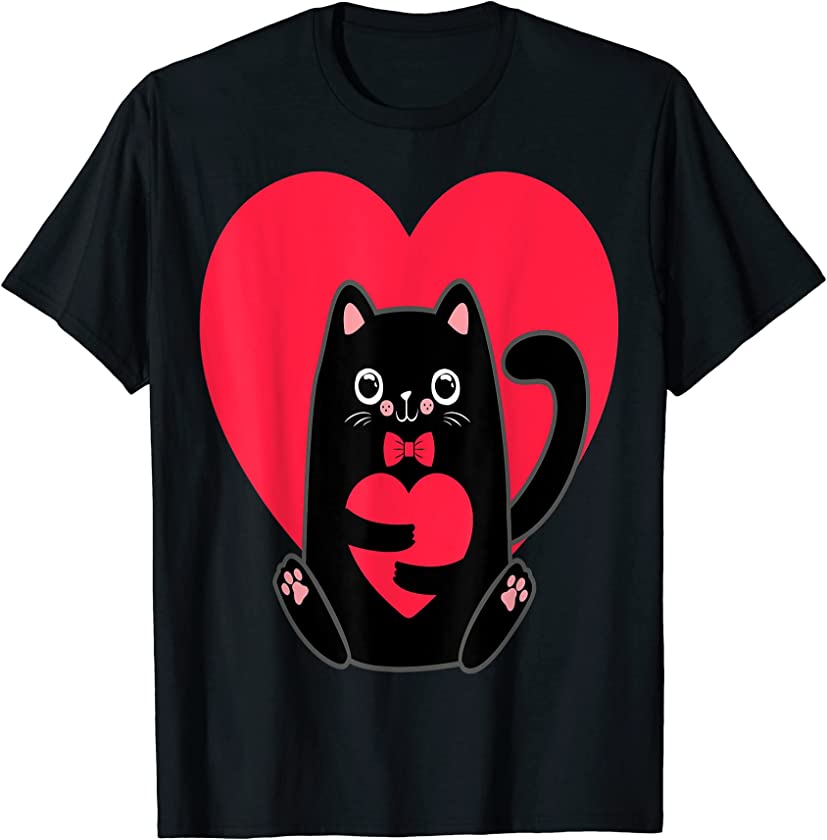 Black Cat Heart Valentines Day Cute Kitten Kitty Love V-Day T-Shirt