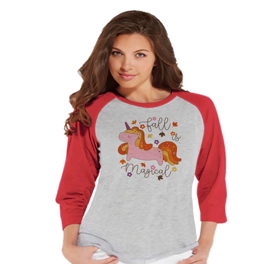 Women’s Unicorn Shirt – Fall is Magical – Autumn Unicorn T-shirt – Womens Red Raglan Tee – Cute Fall Unicorn Shirt – Gift for Her