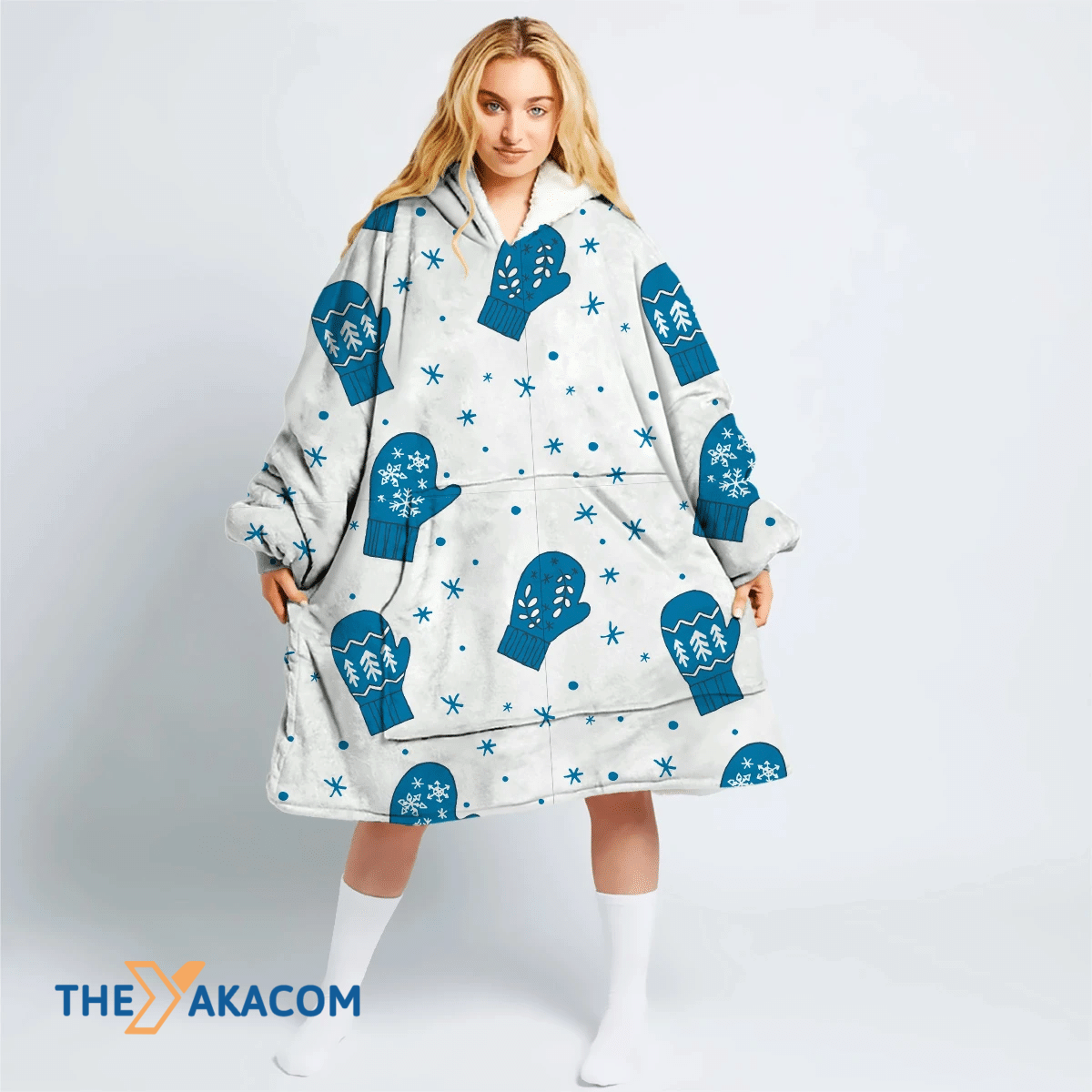 White Xmas Pattern With Blue Snowflakes And Tree Mittens Hoodie Blanket