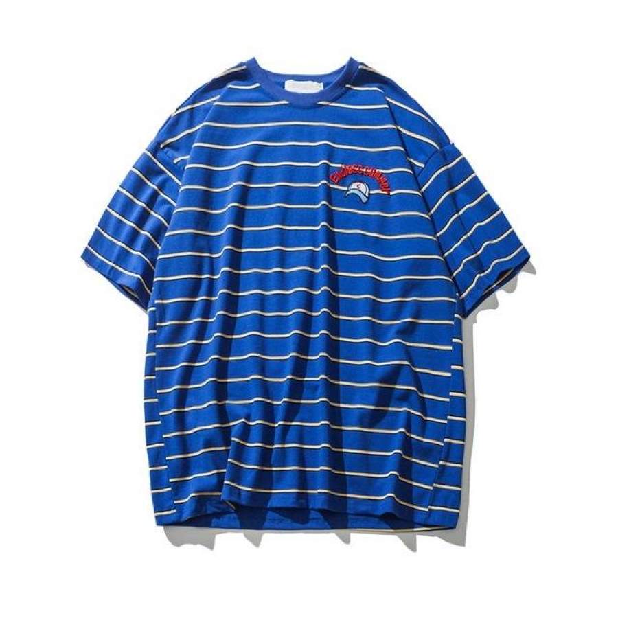 Embroidery Striped Over sized Tee Shirts Men Summer Street wear Loose Style Hip Hop T-shirt Cotton T shirts Men Red Blue