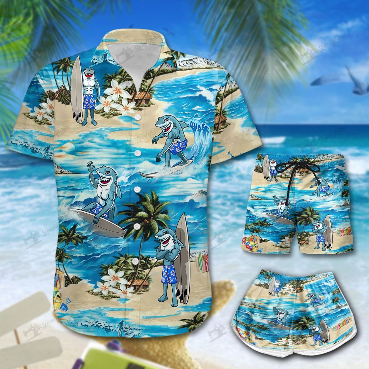 Shark On The Beach Hawaiian Shirt Shorts Ha54479