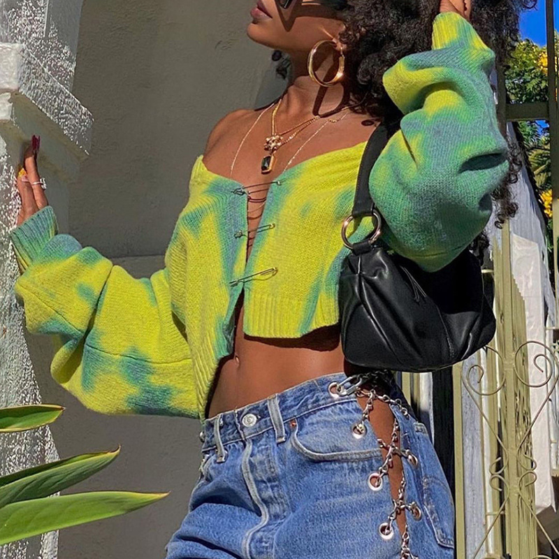 Cryptographic Fall 2022 Girls Green Oversized Cardigan Crop Top Sweater Knitted Cute Long Sleeve Pins Sweaters Tie Dye Cartigans alx