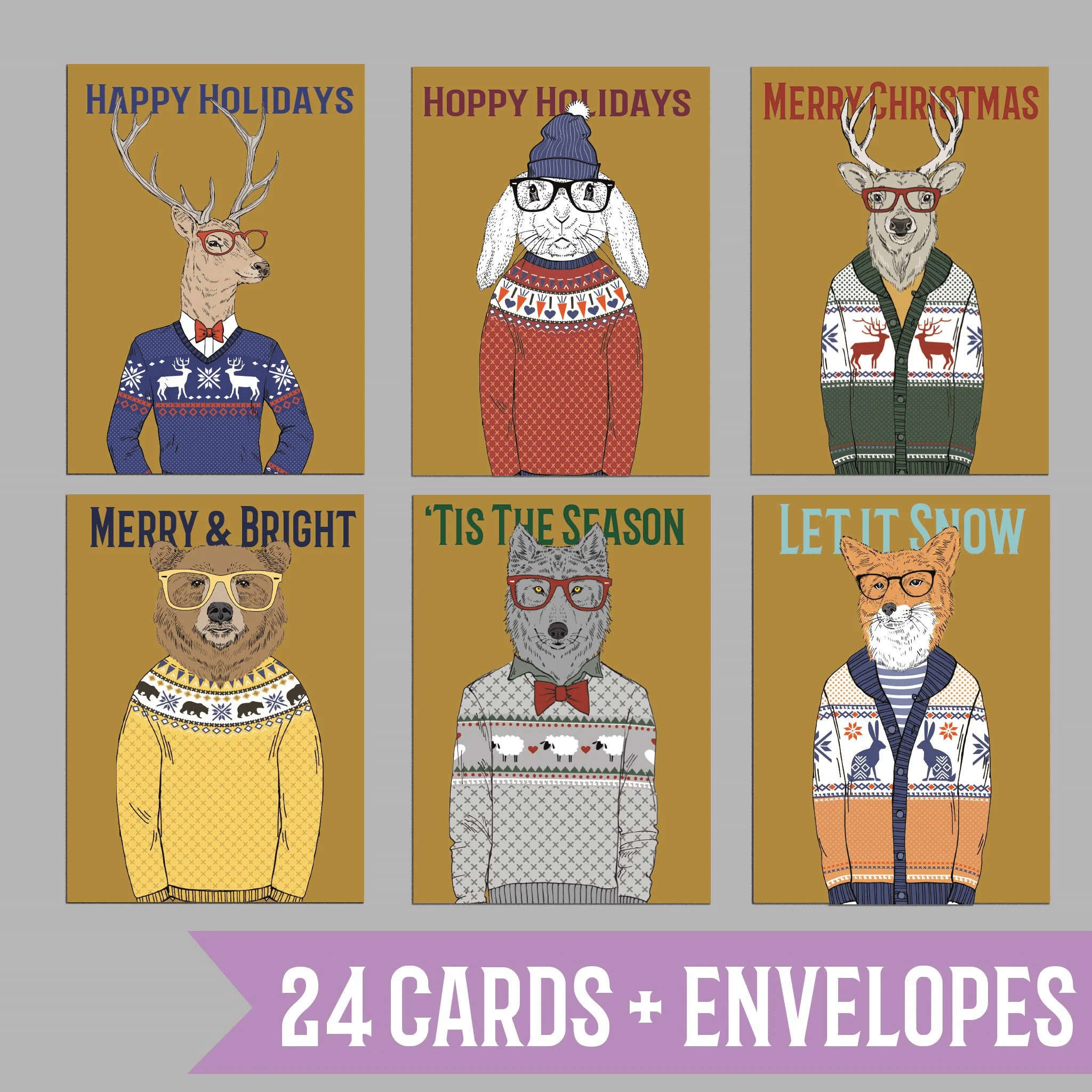 24 Funny Kids Animal Christmas Cards + Envelopes Children’S Cards Ugly Christmas Sweater Holiday Greeting Cards Bulk Pack 6072