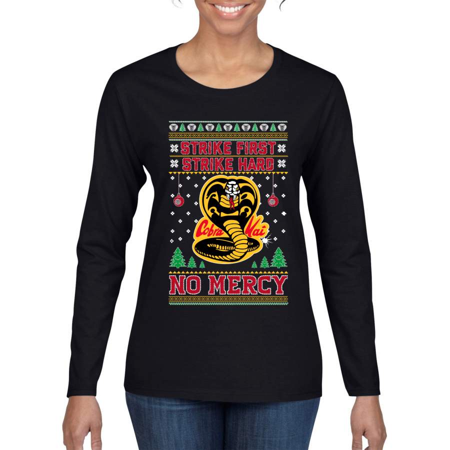 Strike First Strike Hard No Mercy Xmas Ugly Christmas Sweater Womens Graphic Long Sleeve T-Shirt