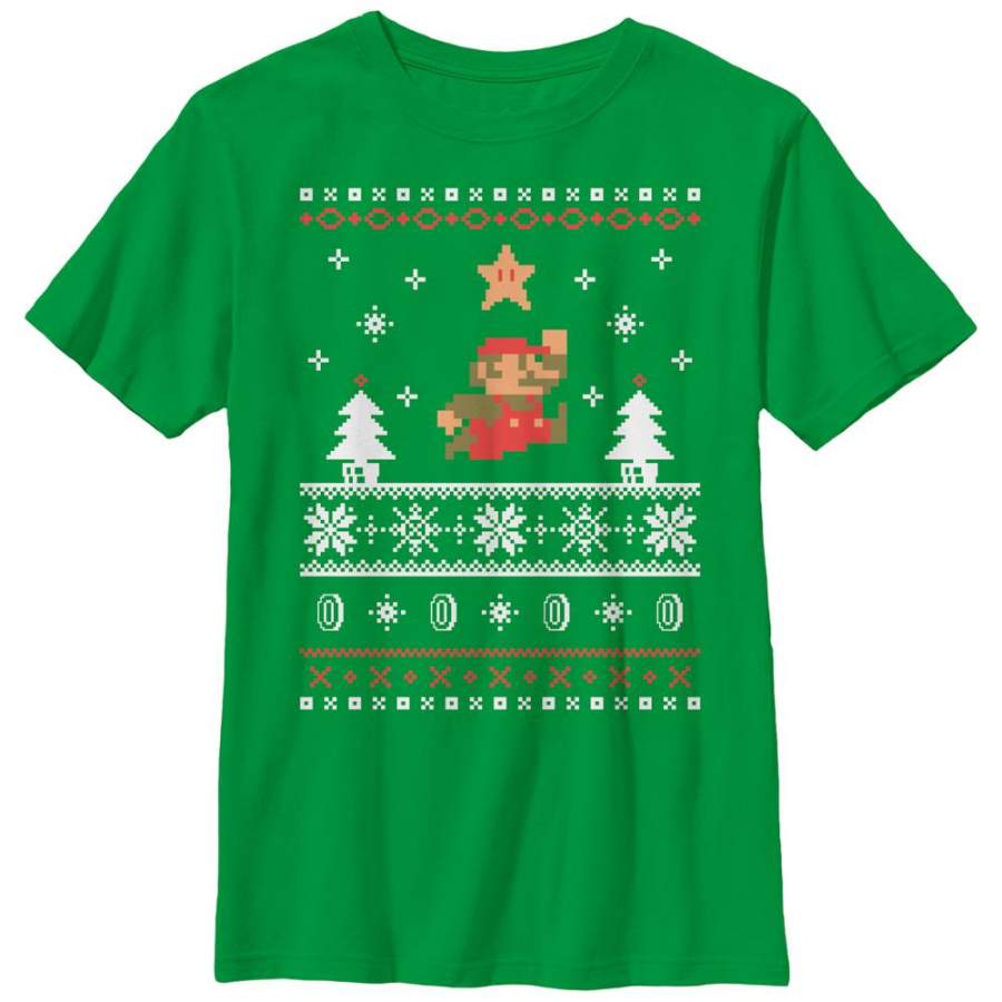 Nintendo Boy’s Ugly Christmas Mario Jump Star  T Shirt Kelly Green