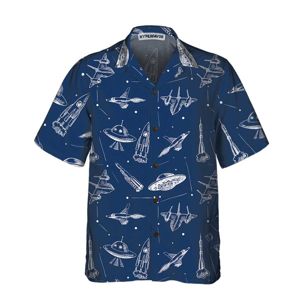 Space Aircraft Seamless Pattern Hawaii Navy Aviation Shirt For Men Ha67983