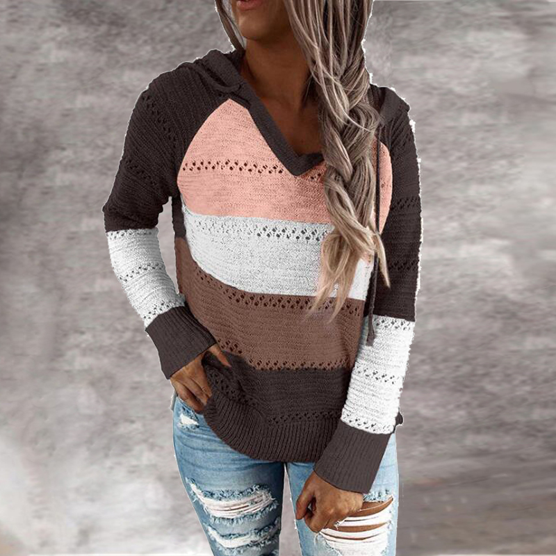 Women Zipper Hollow Out Knitted Hooded Sweater Stripe Patchwork Autumn Winter Sweater Casual V Neck Long Sleeve Pullover Sweater alx