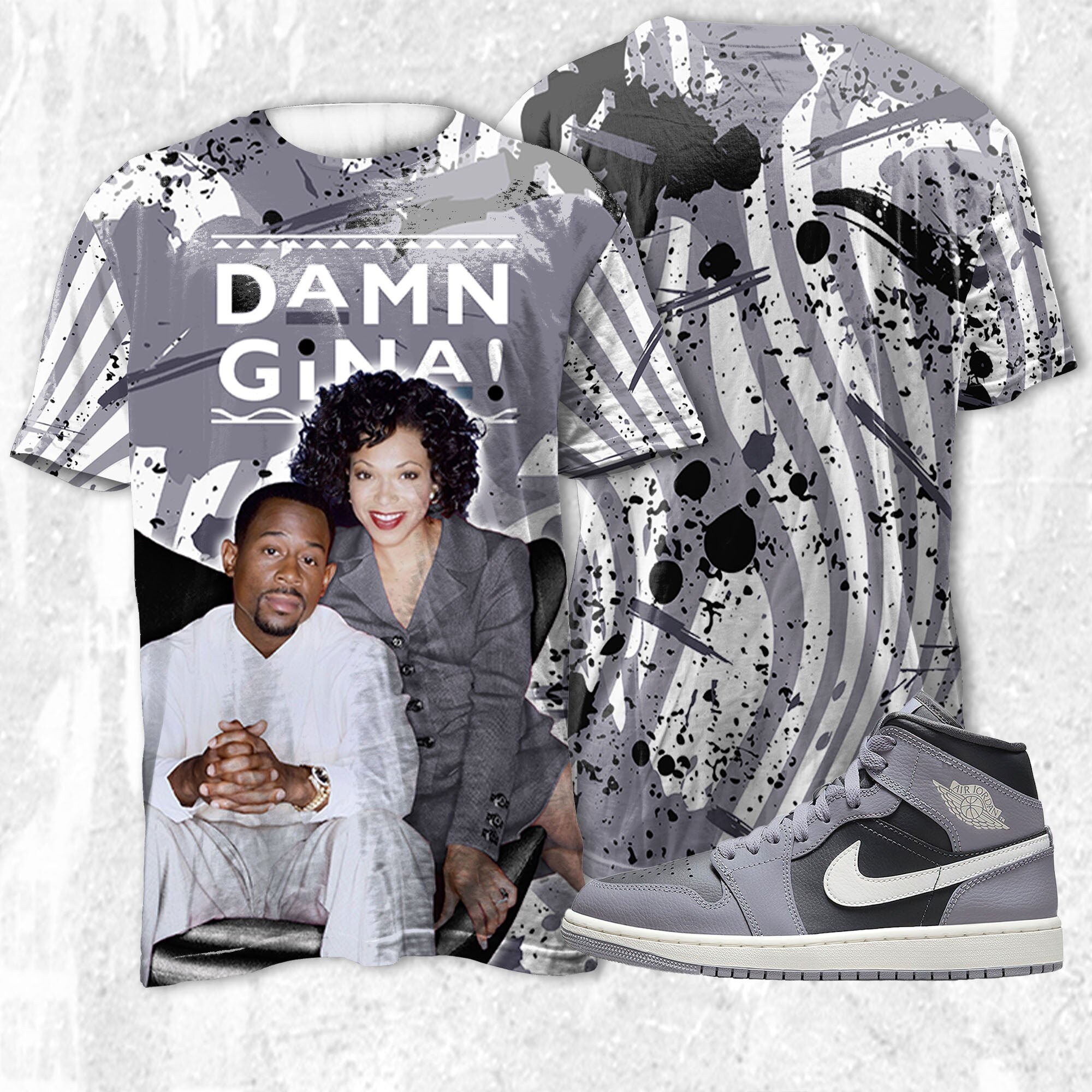 Damn Gina 3D Humor 90s Unisex Shirt 3D match Jordan 1 Mid Cement Grey Jordan Sneaker Shirt 3D match Damn Gina
