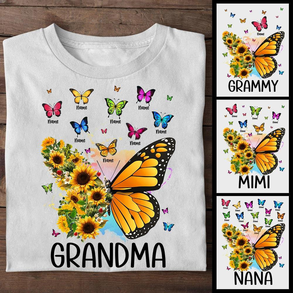 Personalized Butterfly Sunflower Shirt For Grandma – Custom Grandma Nickname With Grandkids Name Shirts