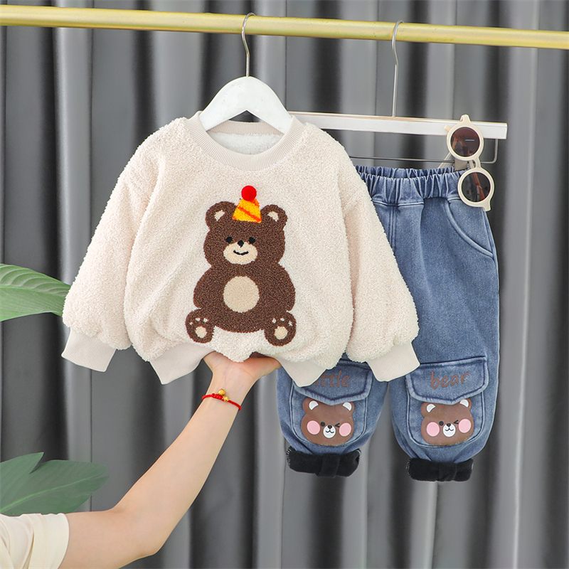 2022 Winter Baby Boys Clothing Sets Boys Warm Plush Sweater Pants Kids Sportswear Children Outfits Cute Bear Infant Clothes alx