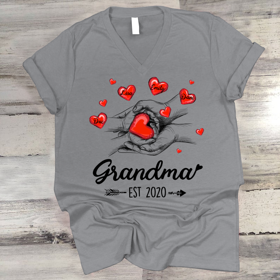 Grandma Est Heart Hand With Grandkids V-Neck