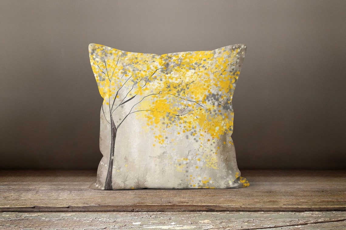 Yellow Floral Pillow, Gray Bird On Tree, Decorative Fall Pillow, Boho Bedding Home Decor, Housewarming Autumn Trend Pillow 1