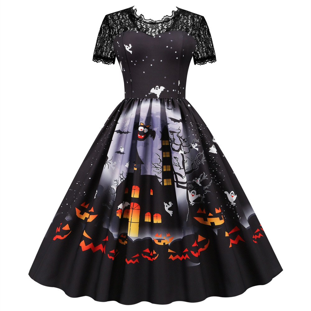 Black Lace Retro Halloween Dress Women Costumes Short Sleeve Vintage Party Dresses Skull Witch Scary Holloween Clothes Cosplay alx