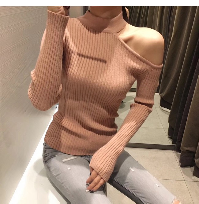 2020 Sexy off shoulder knitted sweater Women elegant solid skinny slim pullover and sweater Autumn winter jumpers Pink alx