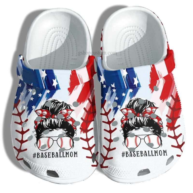 Baseball Mom America Flag Croc Shoes Gift Grandma- Baseball Line Women Cool Glasses Shoes Gift Mother Day