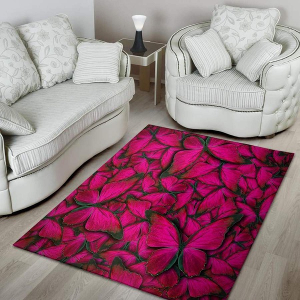 Black Pink Butterfly Print Area Rug