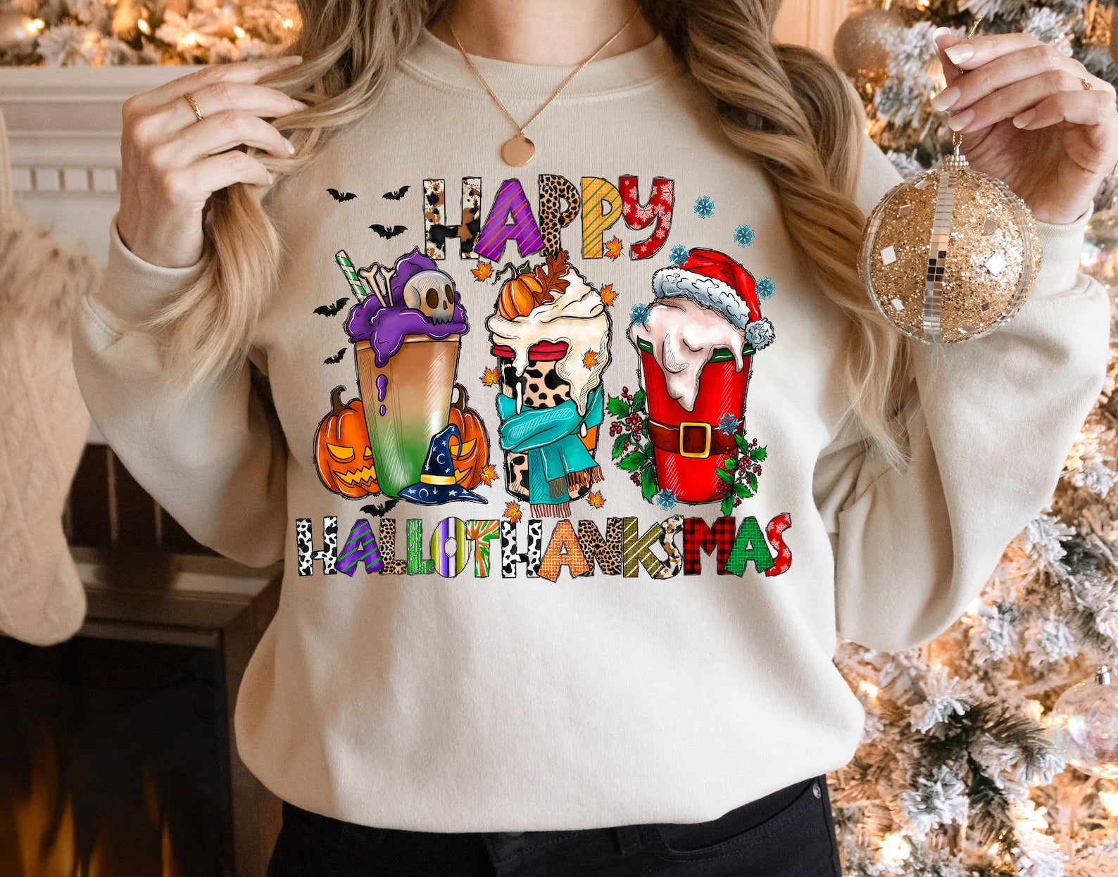 Happy Hallothanksmas Sweatshirt Halloween 2D Crewneck Sweatshirt All Over Print Sweatshirt For Women Sweatshirt For Men Sws3582