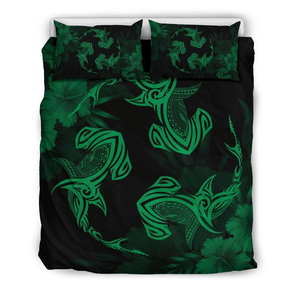 Alohawaii Bedding Set – Cover And Pillow Cases Hawaiian Hammerhead Shark Hibiscus Green Polynesian – Ah – J4