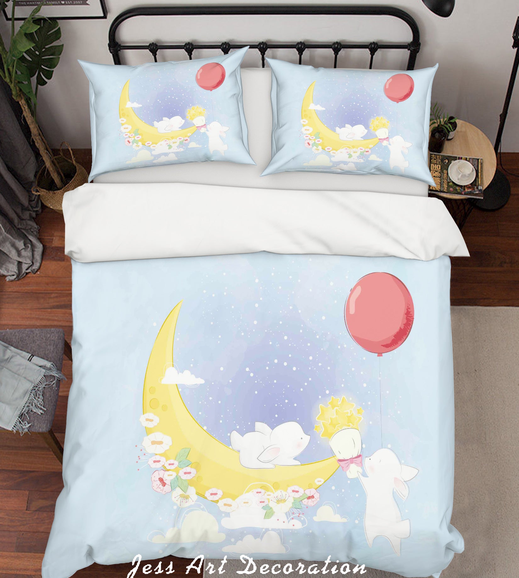 3D Blue Moon Star Floral Balloon Rabbit Quilt Cover Set Bedding Set Duvet Cover Pillowcases Sf88