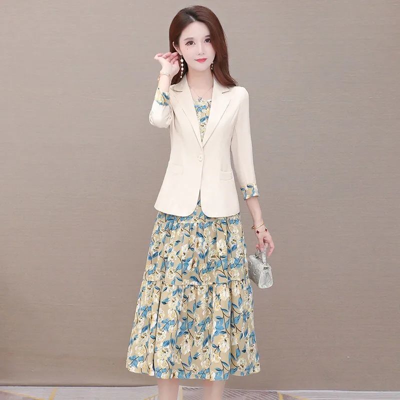 Women’s Suspenders Floral Dress Suit Jacket 2021 Fall New Elegant Blazers Skirt Two-piece Korean Fashion Vintage Clothing Set alx