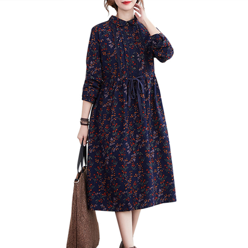 Uego Linen Cotton Autumn Dress Print Floral Prairie Chic Female Vintage Dress Drawstring Slim Women Casual Midi Spring Dress alx