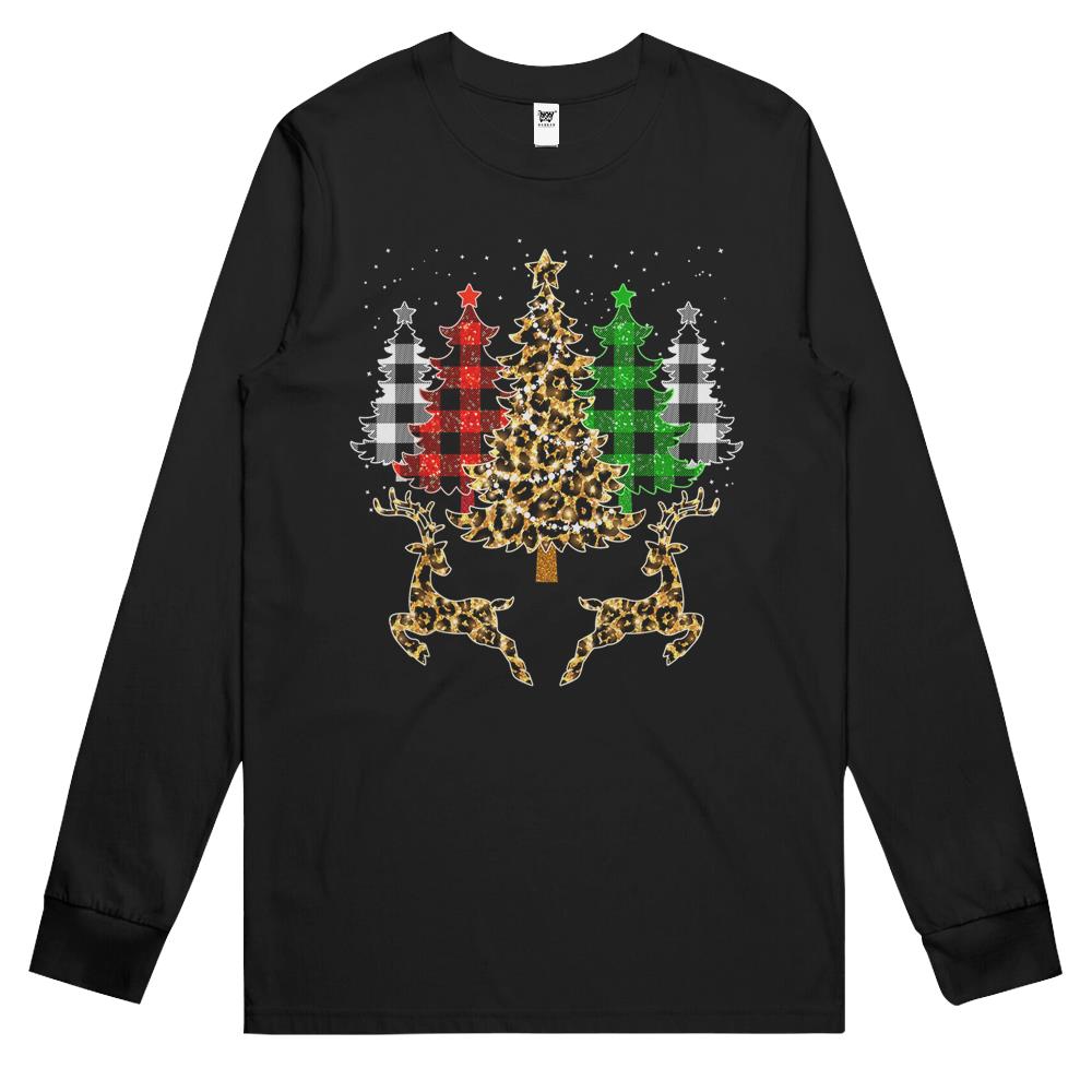 Christmas Trees With Buffalo Plaid & Leopard Print Xmas Long Sleeve T Shirts