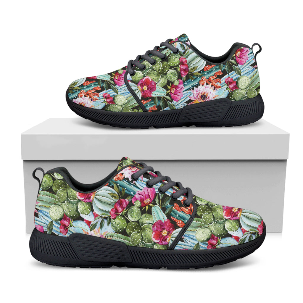 Vintage Cactus And Flower Print Black Athletic Shoes