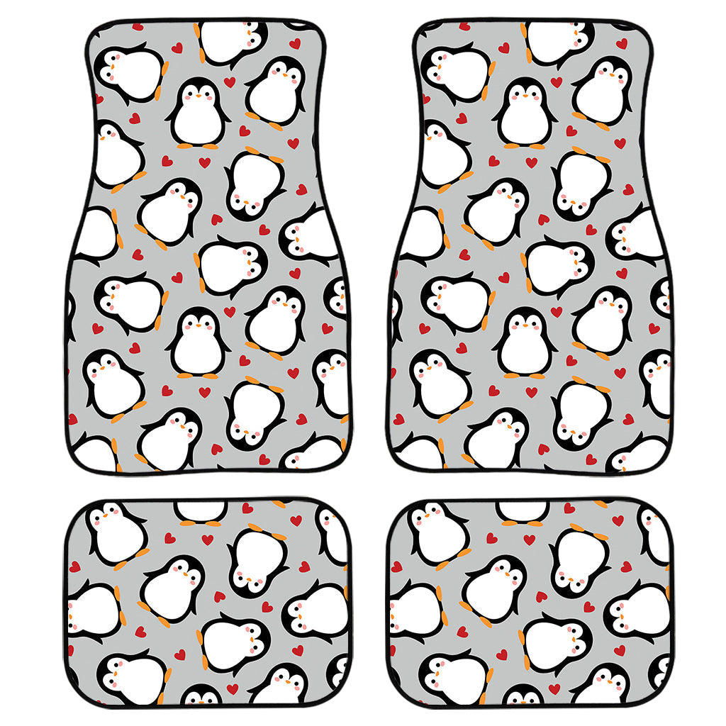 Red Heart And Penguin Pattern Print Front And Back Car Floor Mats, Front Car Mat