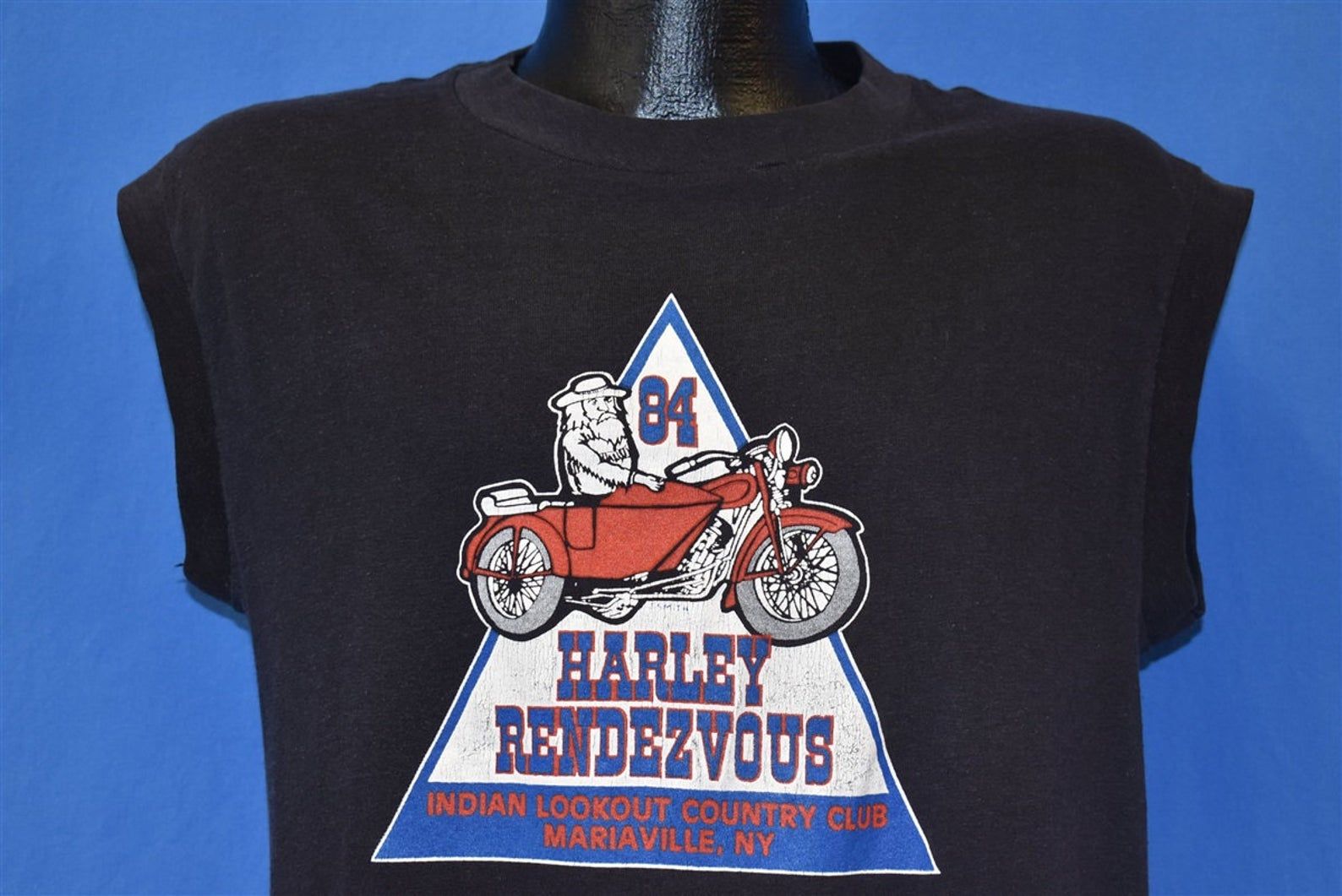 80S Harley Rendezvous Indian Lookout Country Club Mariaville 1984 Muscle T-Shirt