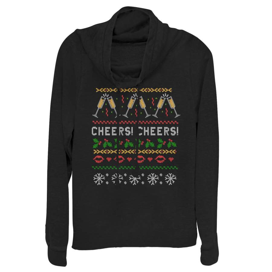 CHIN UP Junior’s Ugly Christmas Cheers Cowl Neck Sweatshirt