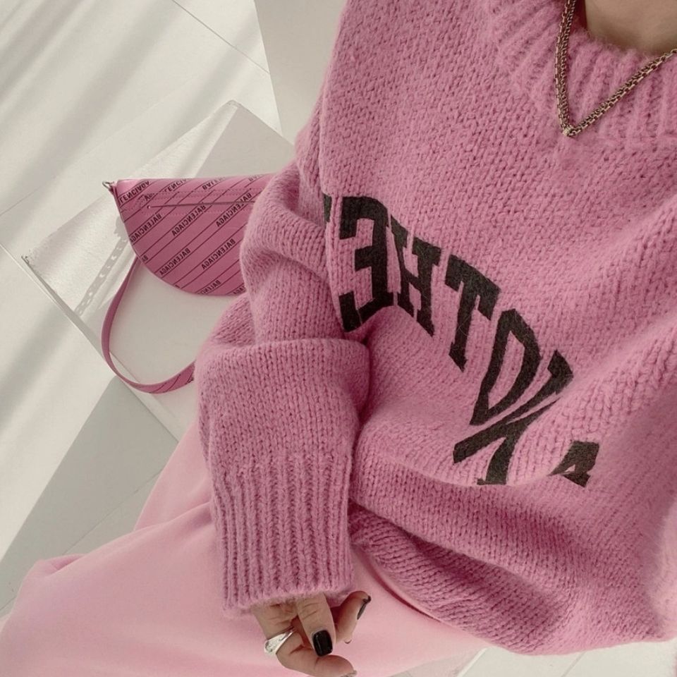 Thickened women’s sweater Y2K Western-style candy color round neck letter printing hedging loose skin-friendly lazy wind gentle alx