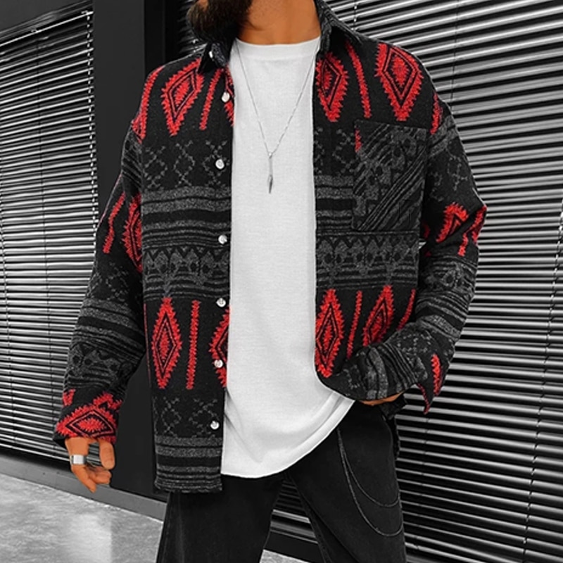 Vintage Pattern Men Turn-down Collar Jacket New Autumn Winter Printed Buttoned Coats 2022 Men Casual Loose Outerwear Streetwear alx