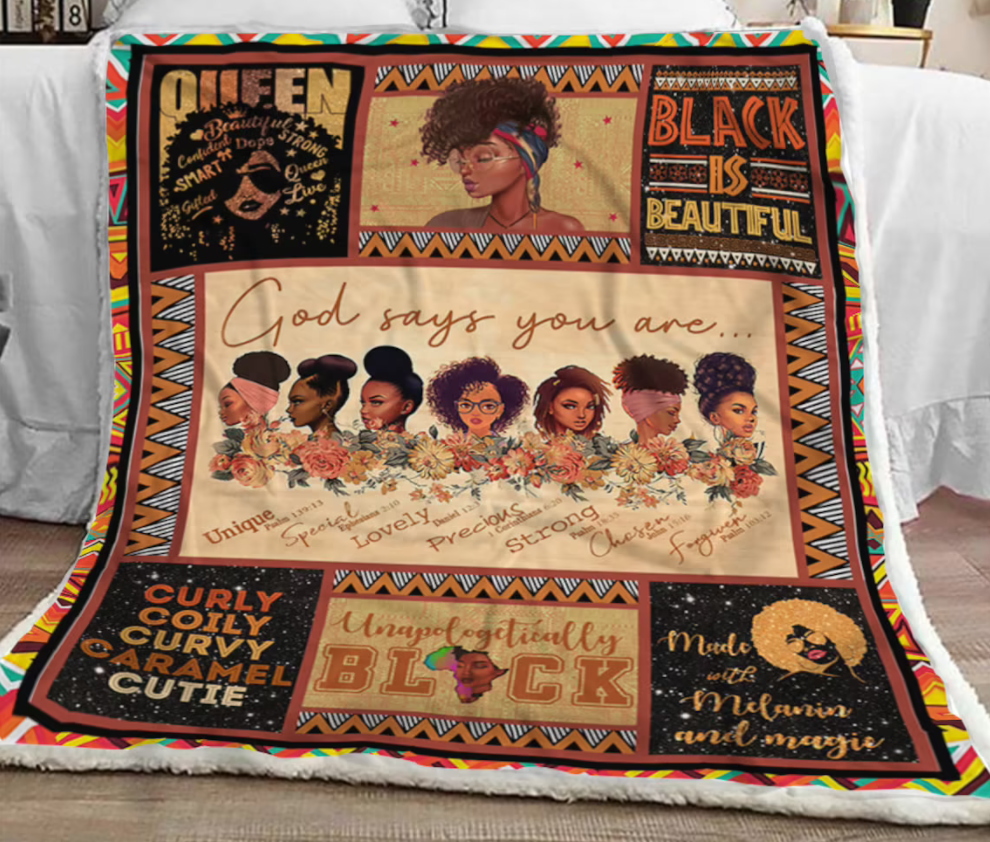 Afro Black Queen Women Fleece Blanket, God Says You Are Unique Special Strong Blanket Gift For Friend Family Home Decor Bedding Couch Sofa Soft And Comfy Cozy