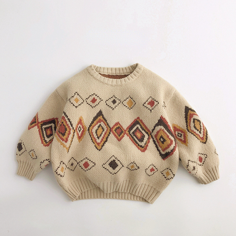 4009D Children Sweater Personality Contrast Color Boy’s Sweater 2022 Winter New Retro Sweater Girl’s Knitted Pullover Sweater alx