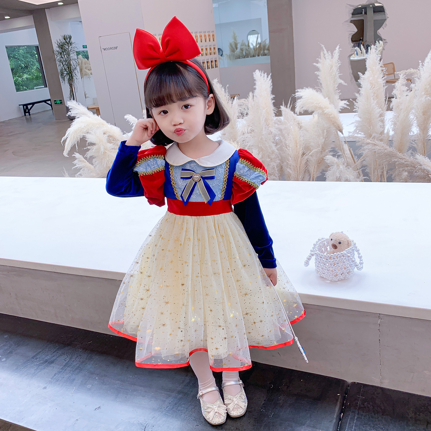 Snow White Puffy Mesh Dress Kids Puff-sleeve Long-sleeve Costume Snow White Children’s Day Halloween Xmas Party Cosplay Dress alx