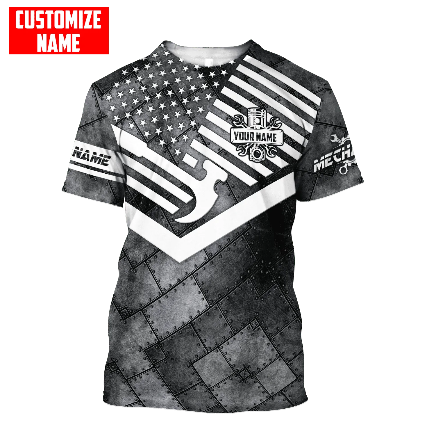 Custom With Name 3D Mechanic Tshirt American Flag Metal Pattern Usa Mechanic Gifts