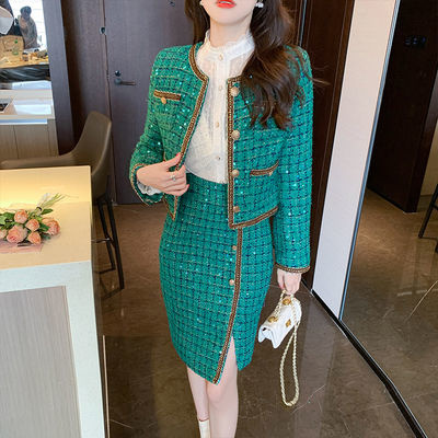 2022 Autumn Winter New Tweed Skirt Set Women’s Party Suits Sequins Plaid Office Woolen Jacket Coat Hip Wrap Skirt 2 Piece Clothe alx