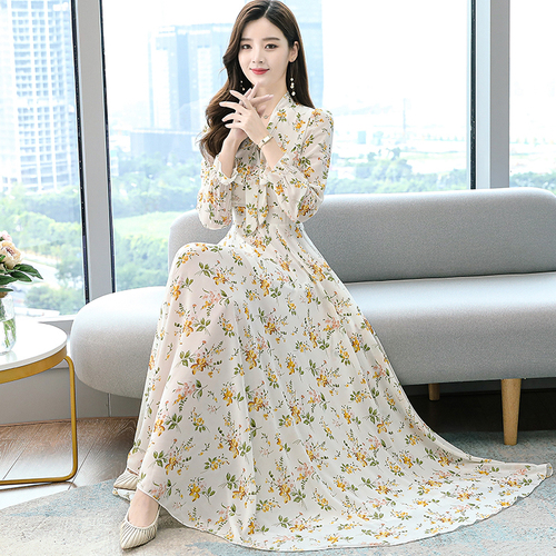 2021 Autumn New Arrival High Quality S-4XL Bow Collar Flower Printed Long Sleeve Women Long Chiffon Dress alx