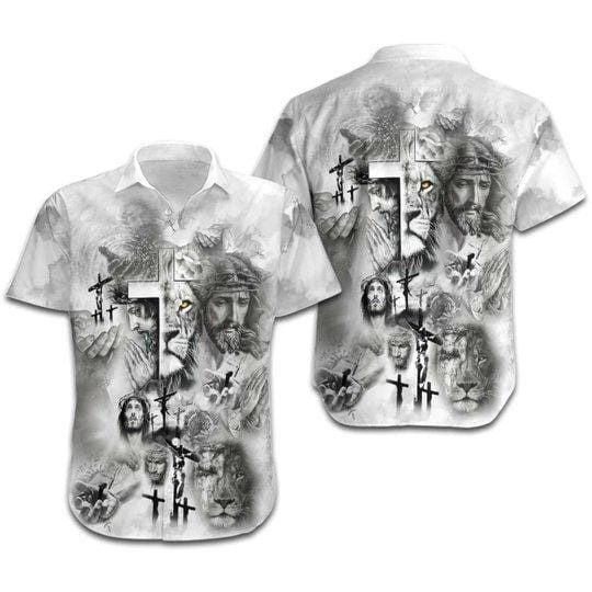 Black And White Jesus Lion Hawaii Aloha Shirts H Ha65388