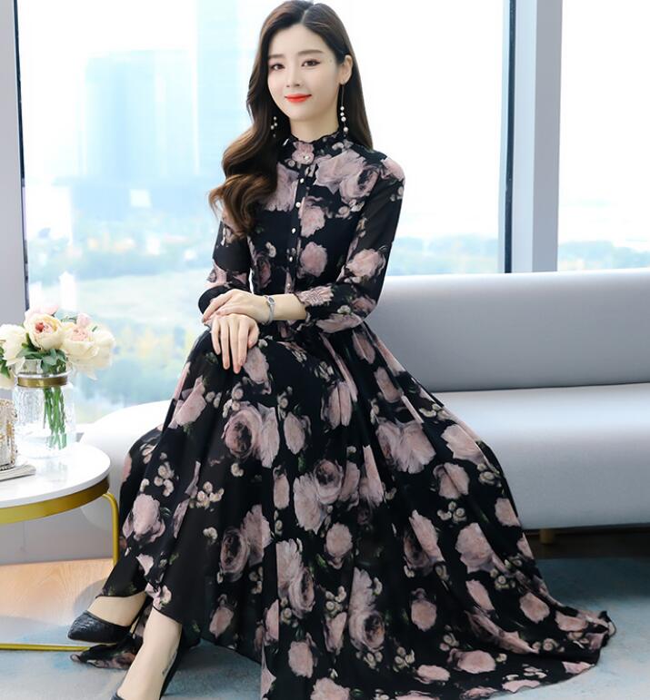 2021 Spring Summer New Arrival M-4XL Stand Collar Long Sleeve Flower Printed Women Chiffon Long Dress alx