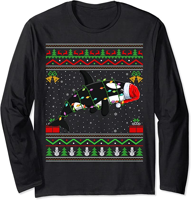 Xmas Lights Ugly Sweater Style Santa Orca Fish Christmas Long Sleeve T-Shirt