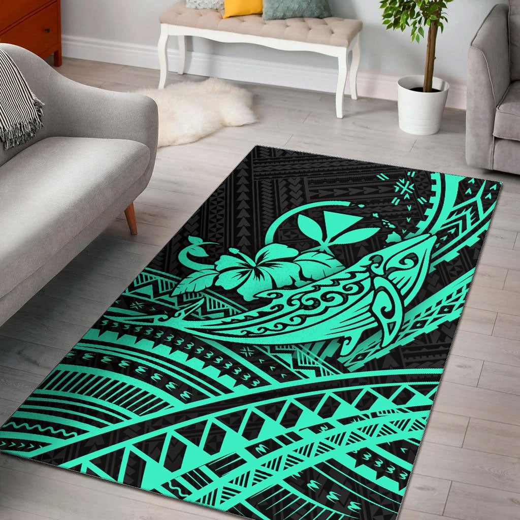 Hawaii Humpback Whale With Hibiscus Tribal Turquoise Area Rug – Lt12