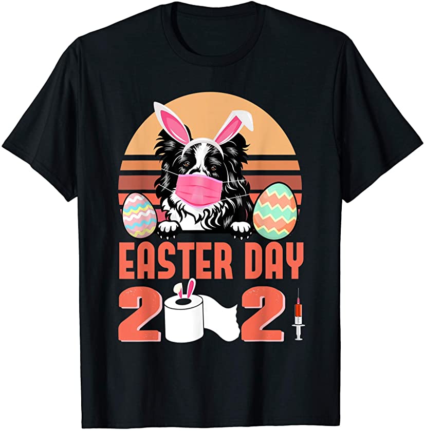 Border Collie Dog Face Mask Bunny Egg Easter Day 2021 T-Shirt