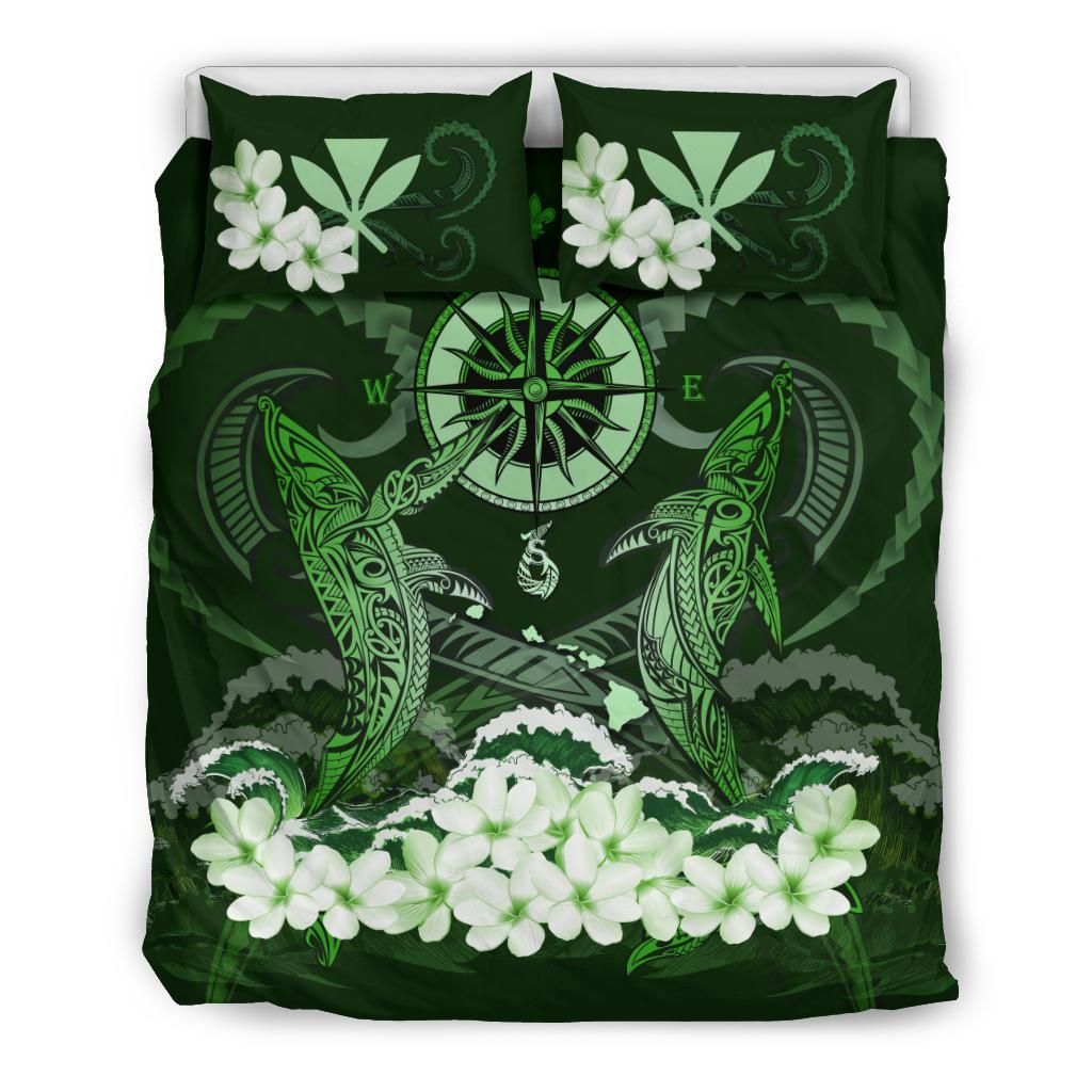 Alohawaii Bedding Set – Cover And Pillow Cases Hawaii – Shark Polynesia Compass Plumeria Green A24