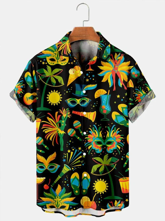 Vintage Shirts Mardi Gras Graphic Casual Breathable Short Sleeve Hawaii Shirt Ha4029