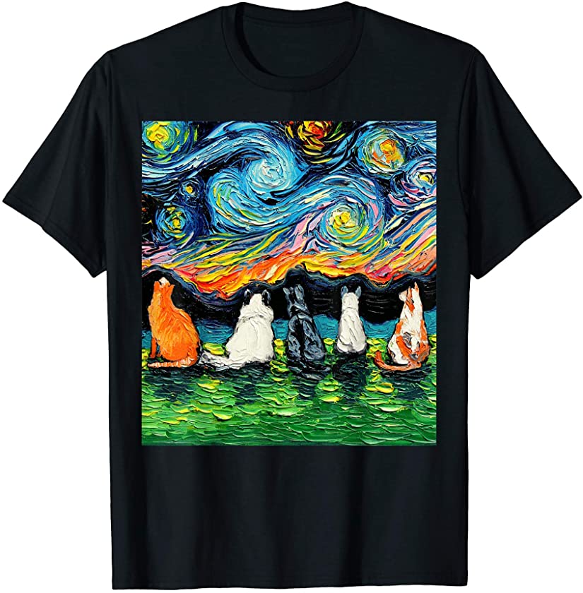 Starry Night Cats Impressionist Animal colorful Art by Aja T-Shirt